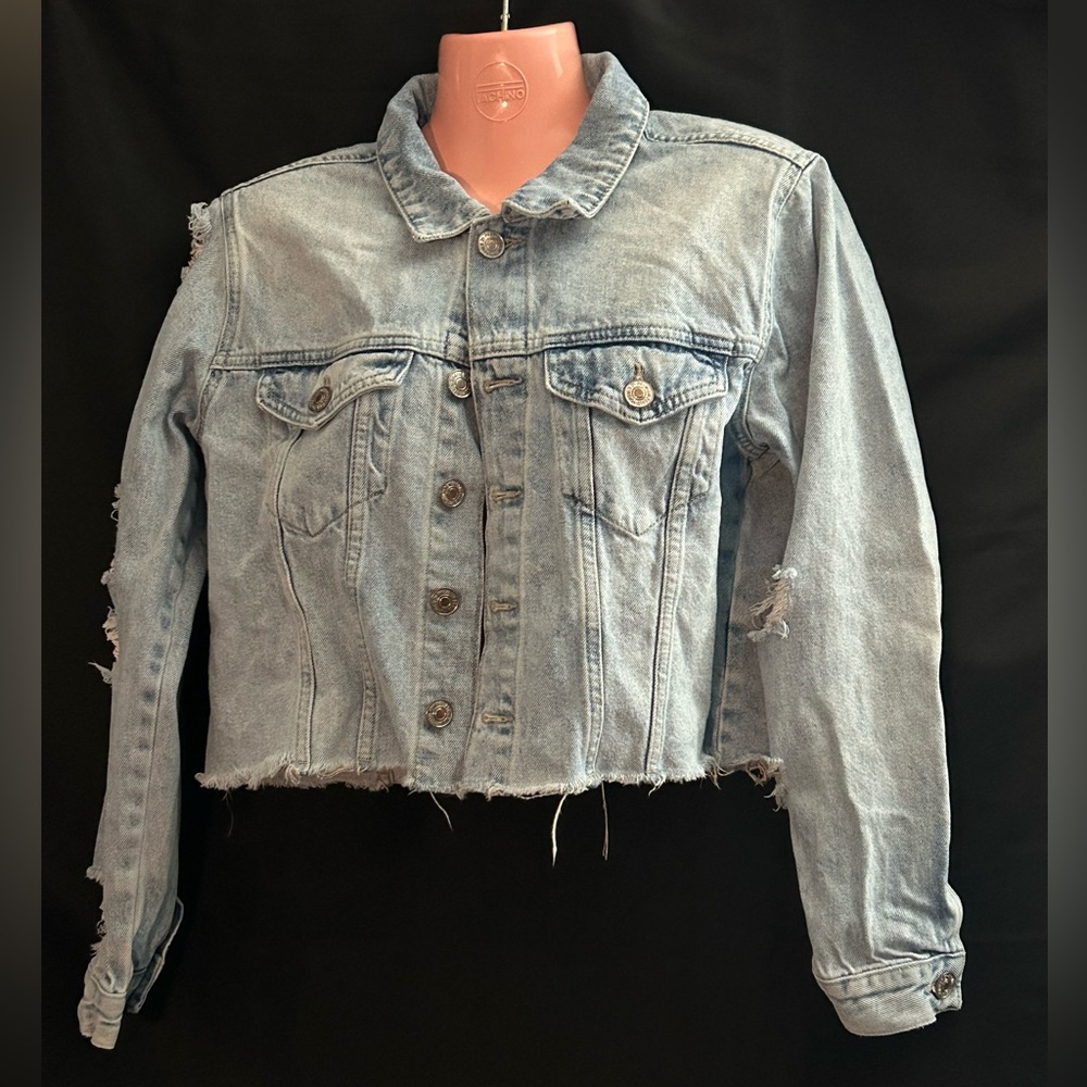 Forever 21 Los Angeles Women’s Distressed Frayed Crop Denim Jean Jacket LG